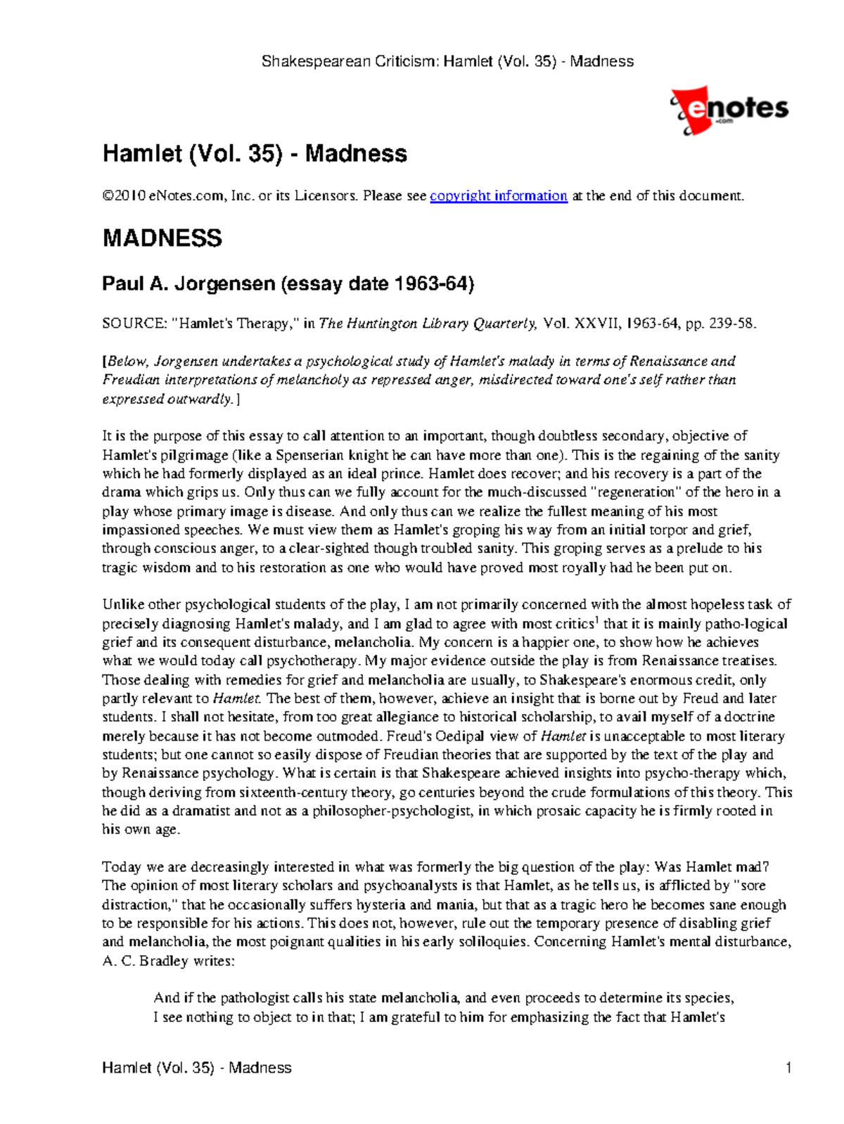 Hamlet - E Notes - Hamlet (Vol. 35) - Madness ©2010 ENotes, Inc. Or Its ...