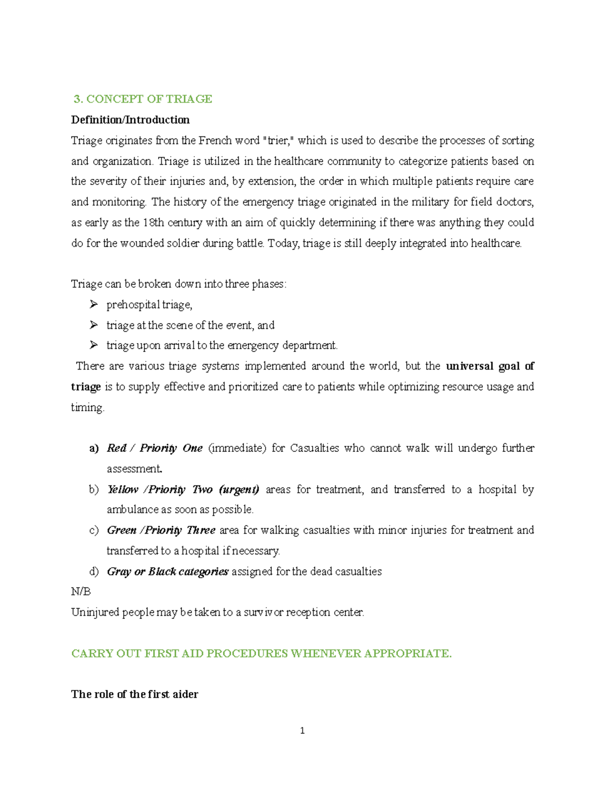 BCM Lecture triage - notes - 3. CONCEPT OF TRIAGE Definition ...