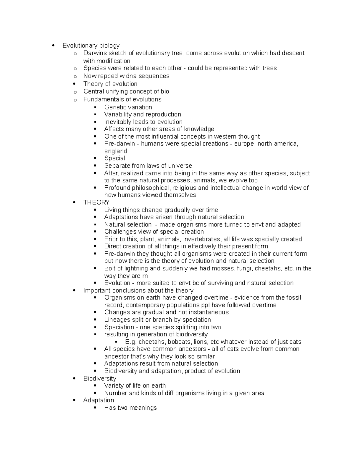 Lec1 - Lecture notes 1 - Evolutionary biology o Darwins sketch of ...