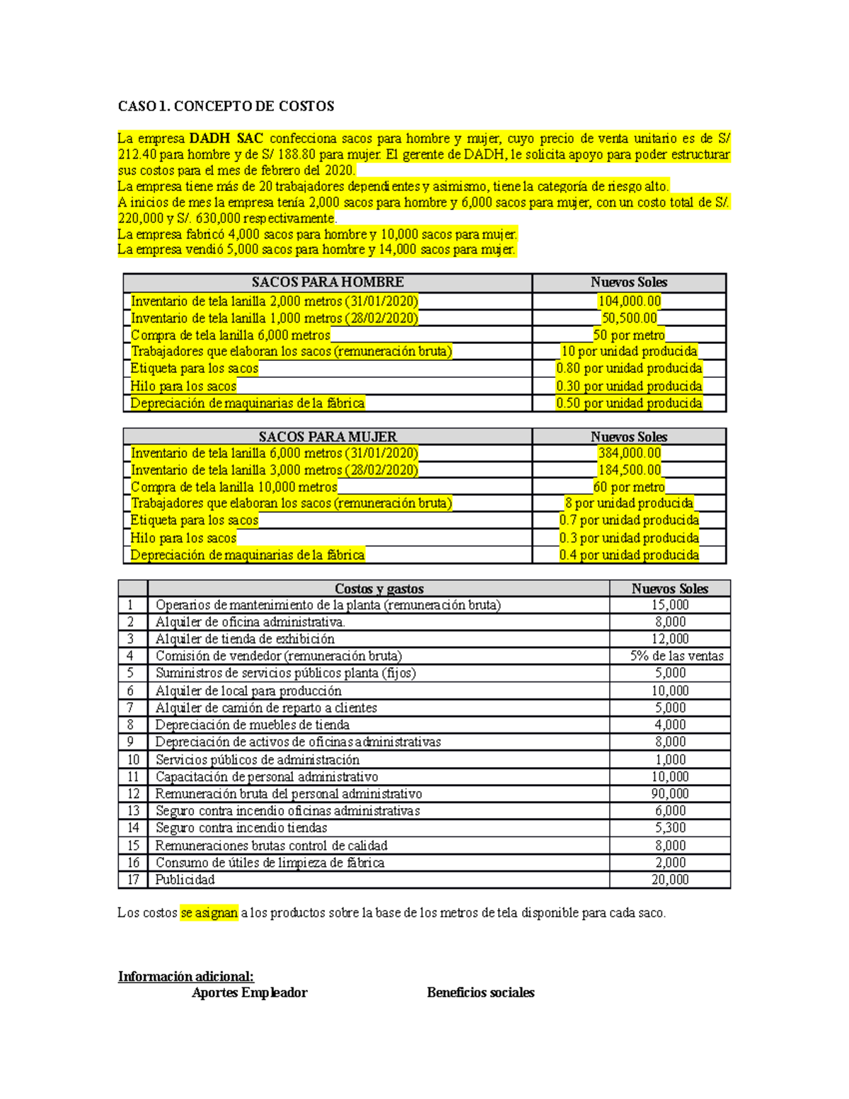 Concepto de costos - CASO 1. CONCEPTO DE COSTOS La empresa DADH SAC ...