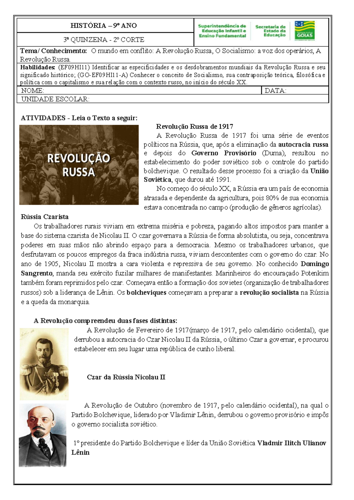 Atividade Sobre Revolução Russa - GITEDU