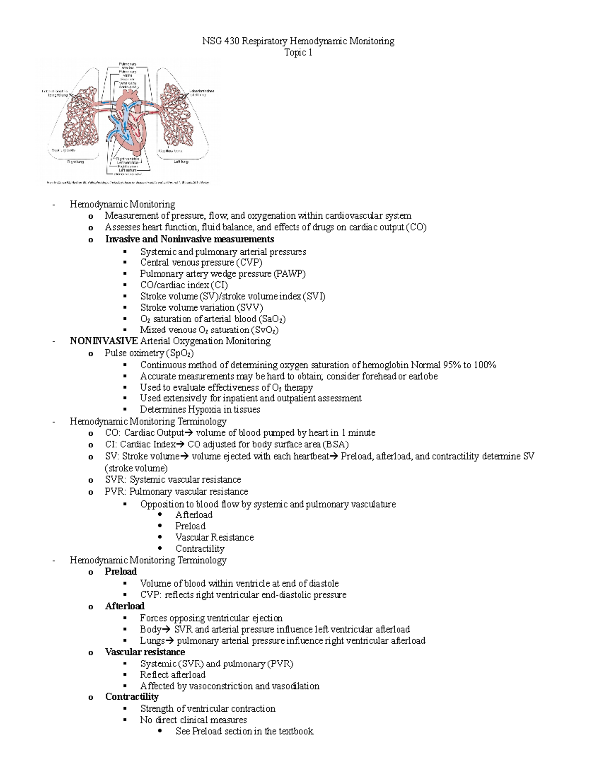 Nsg 430 Respiratory Hemodynamic Monitoring - Nsg 430 Respiratory 
