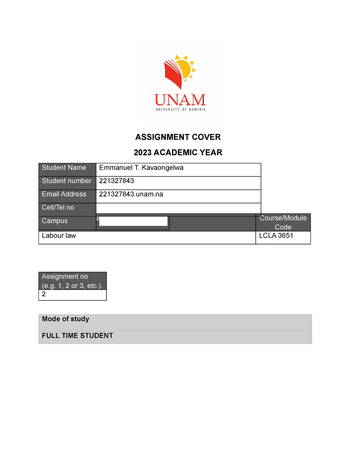 Assignment Cover Template ASSIGNMENT COVER 2023 ACADEMIC YEAR Course