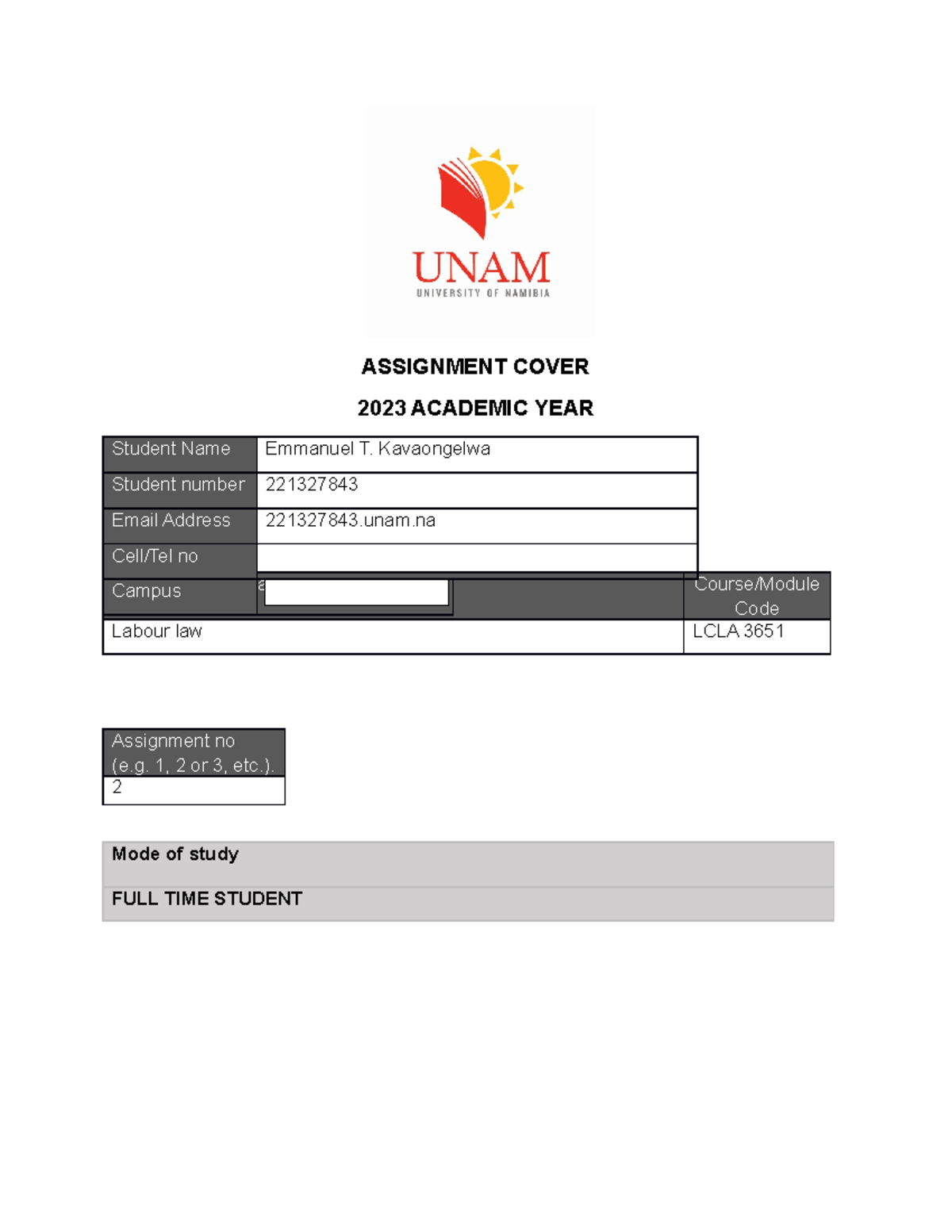 Assignment Cover Template ASSIGNMENT COVER 2023 ACADEMIC YEAR Course 