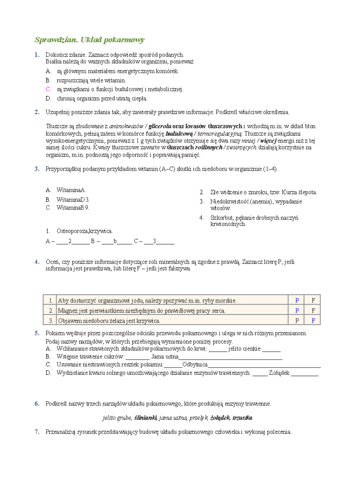 Sprawdzian Przyroda Klasa 4 Układ Pokarmowy www.studocu.com