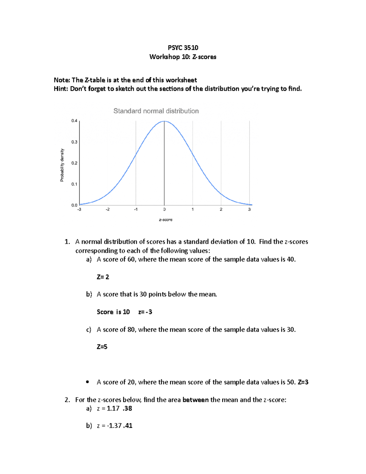 Workshop 10 Z scores answers - PSYC 3510 Workshop 10: Z-scores Note ...