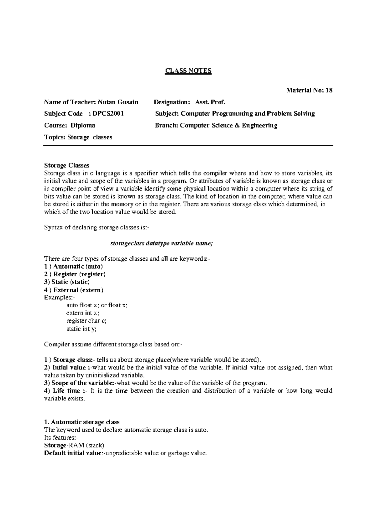 5.3 storage classes - Lecture notes 1 - Computer Programming and ...