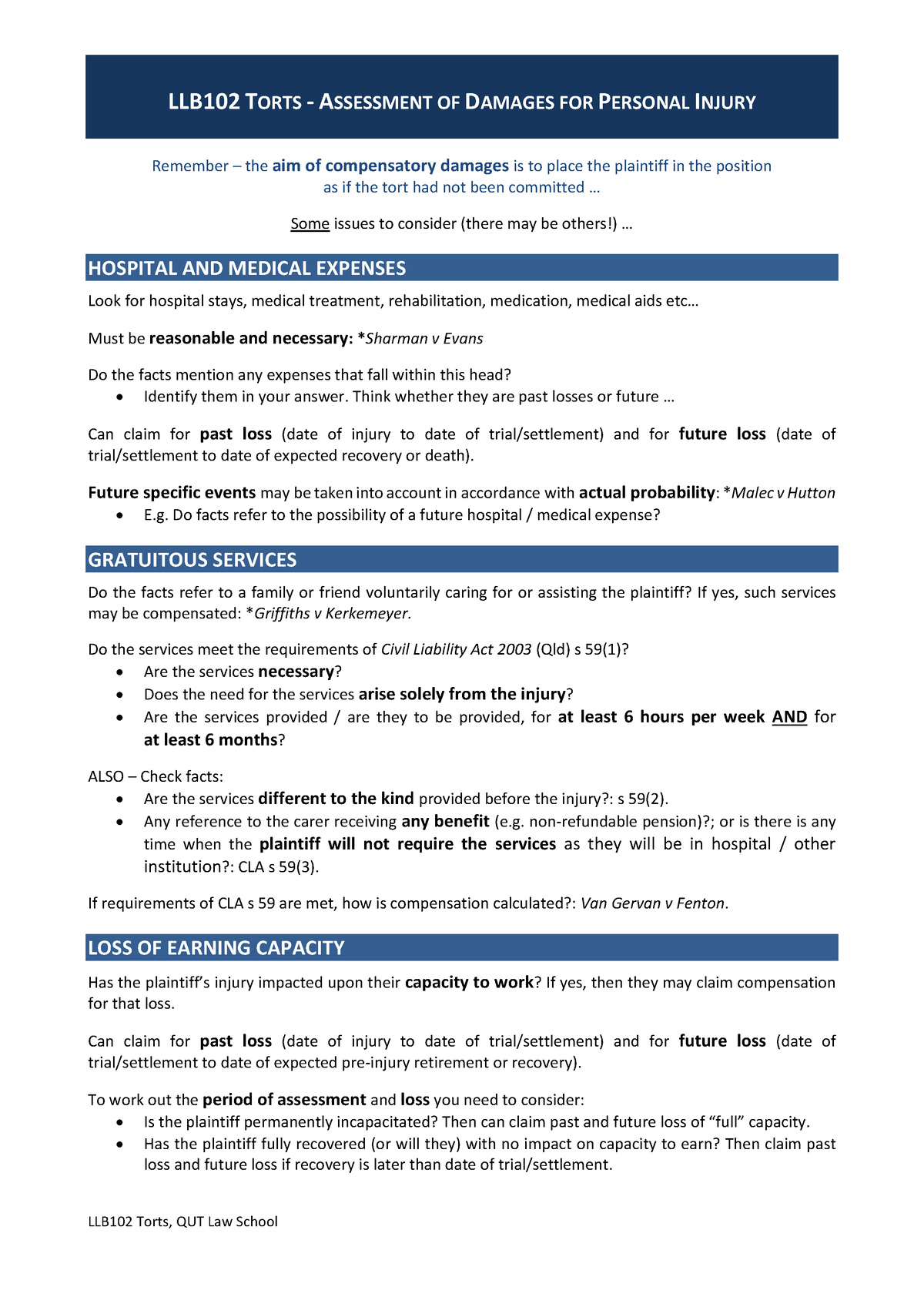 LLB102 Torts Assessment Of Personal Injury Damages Problem Solving ...