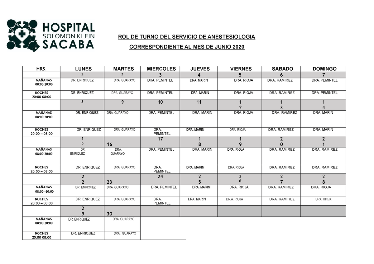 Anestesia Junio 2020 ROL Y FORMATOS DE ORGANIZACION MEDICA ROL DE