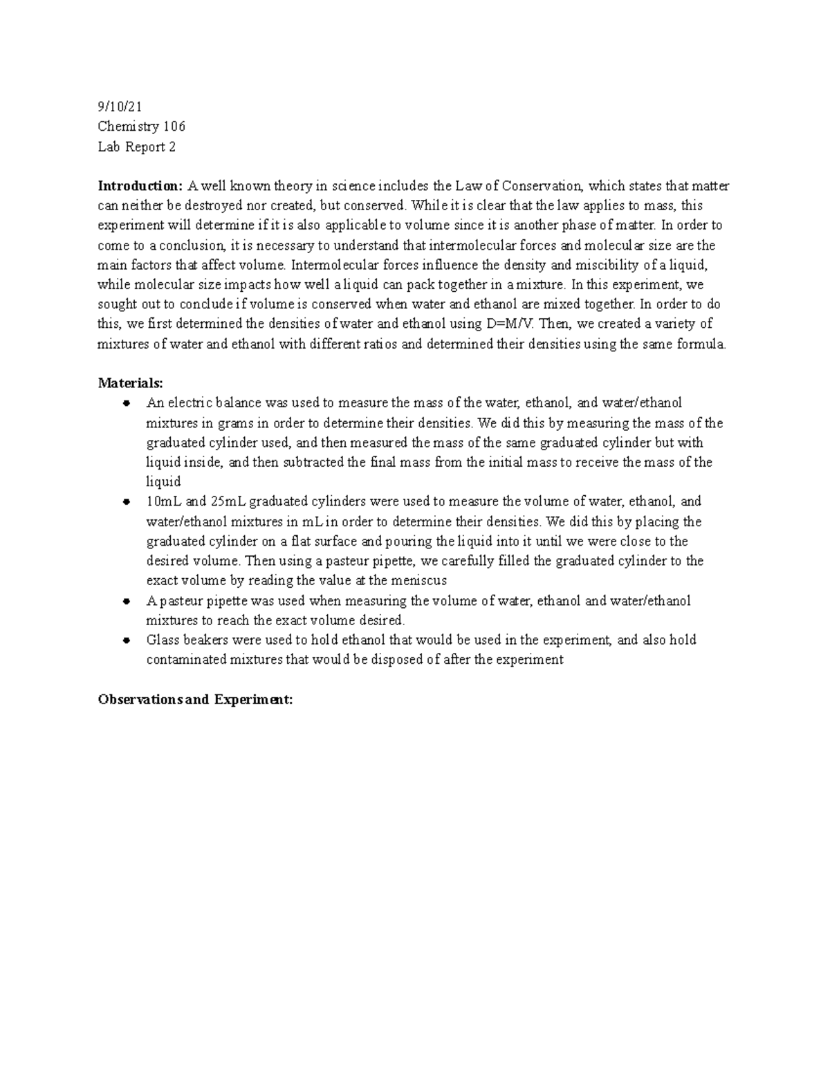 Lab 2 Report for Chemistry 106 Le Chateliers Principle CHEM 106