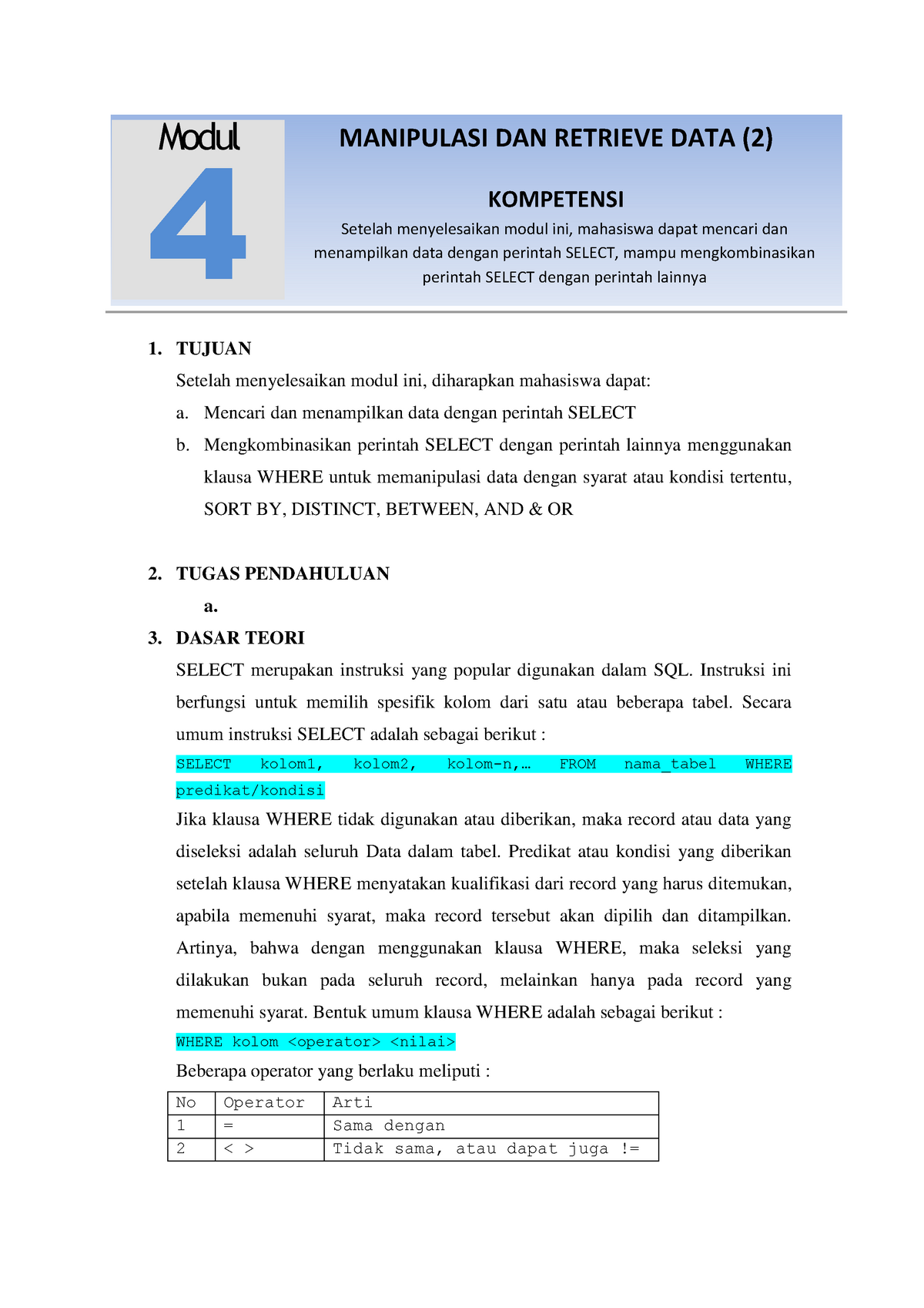 Modul Praktikum Basis Data - MANIPULASI DAN RETRIEVE DATA (2 ...