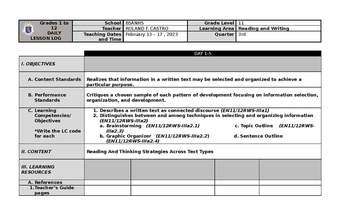 DLL RW Week 1 WEEk 1 , LEsson Plan in reading and Writing Skills