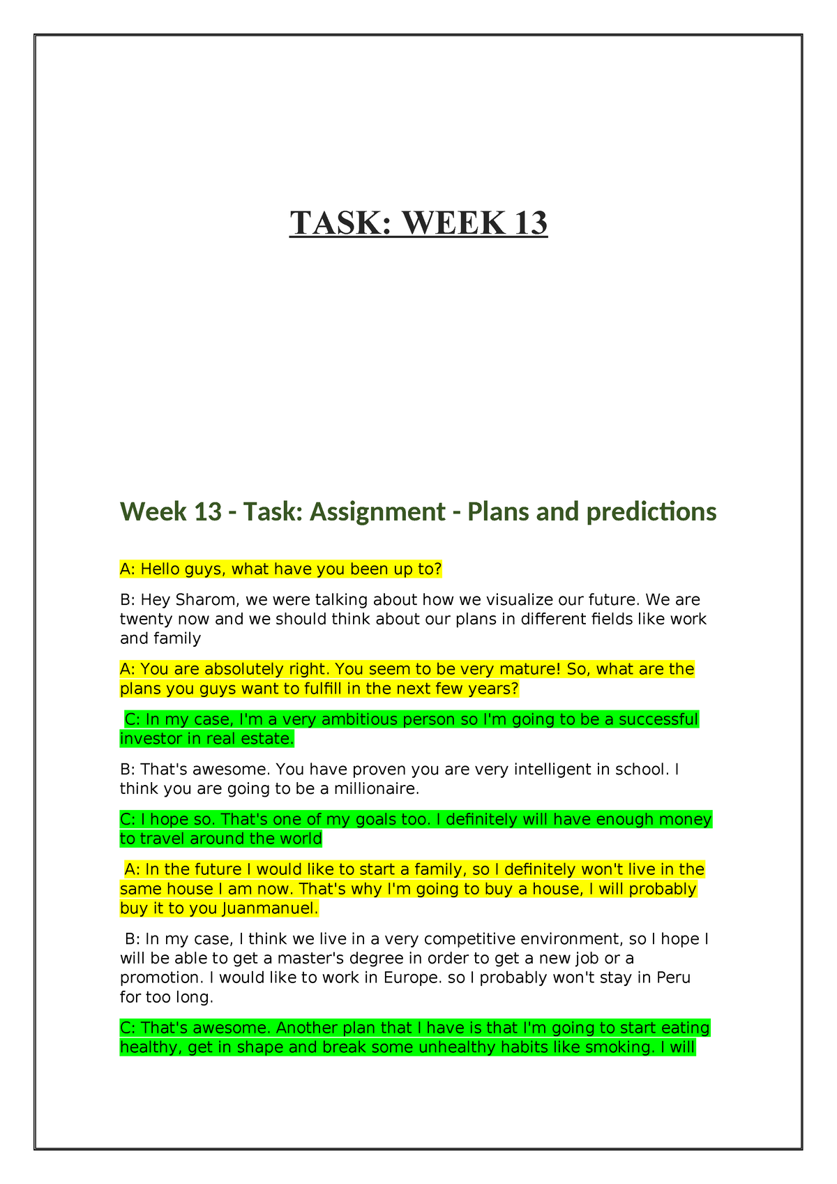 week 13 task assignment plans and predictions