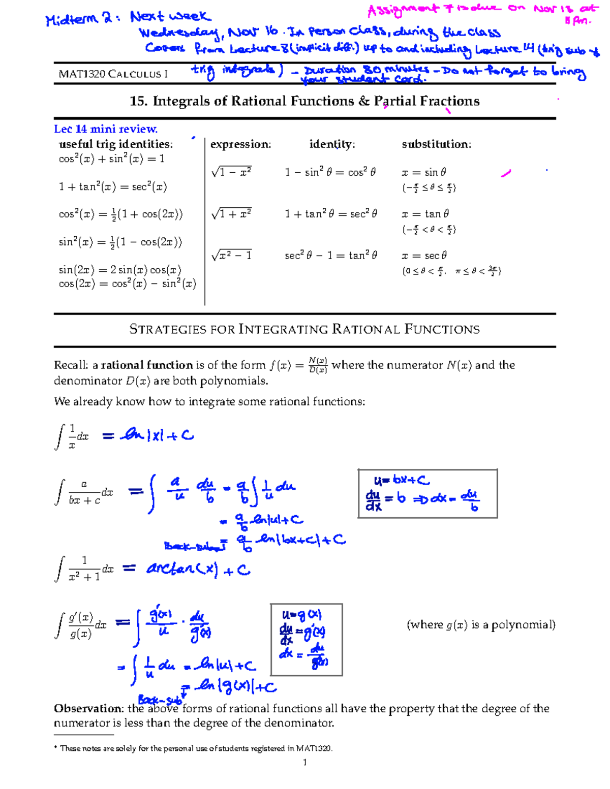 1320 G 202209 notes 15 filled - MAT1320 CALCULUS I 15. Integrals of ...