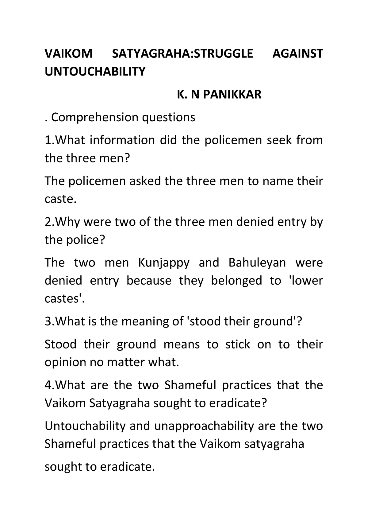 vaikom satyagraha struggle against untouchability essay questions and answers