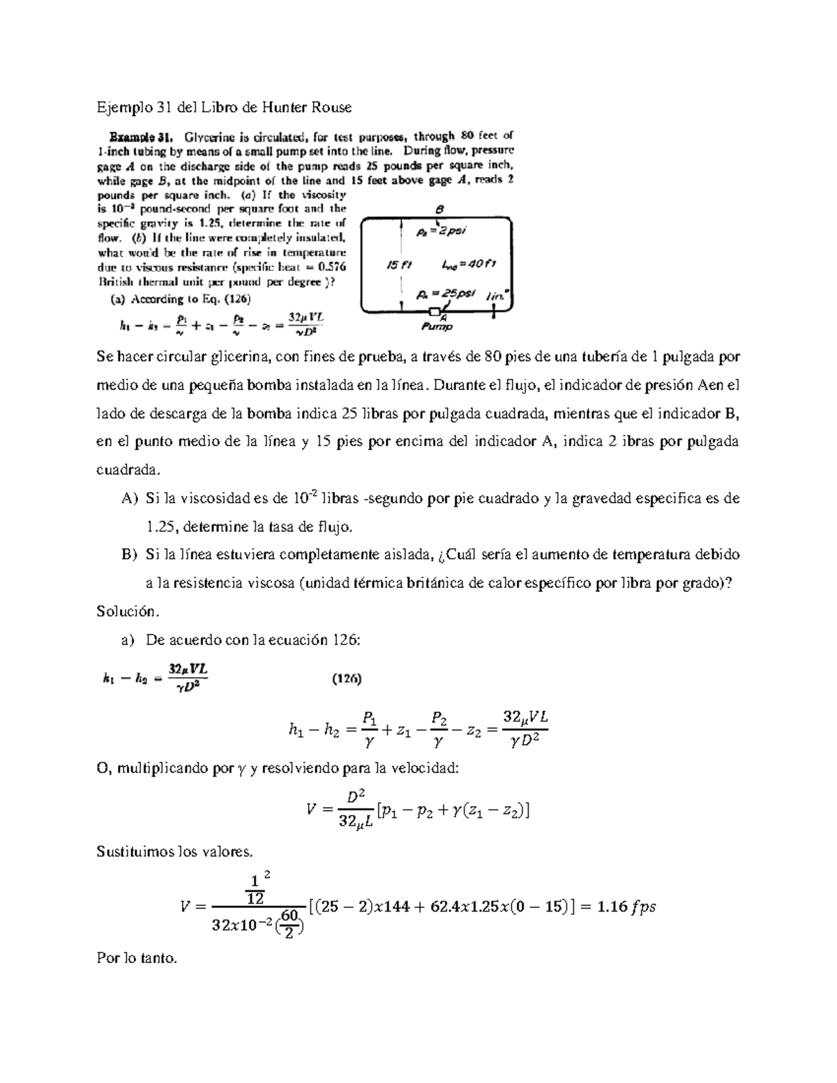 Ejemplo 31 del Libro de Hunter Rouse Durante el flujo, el indicador