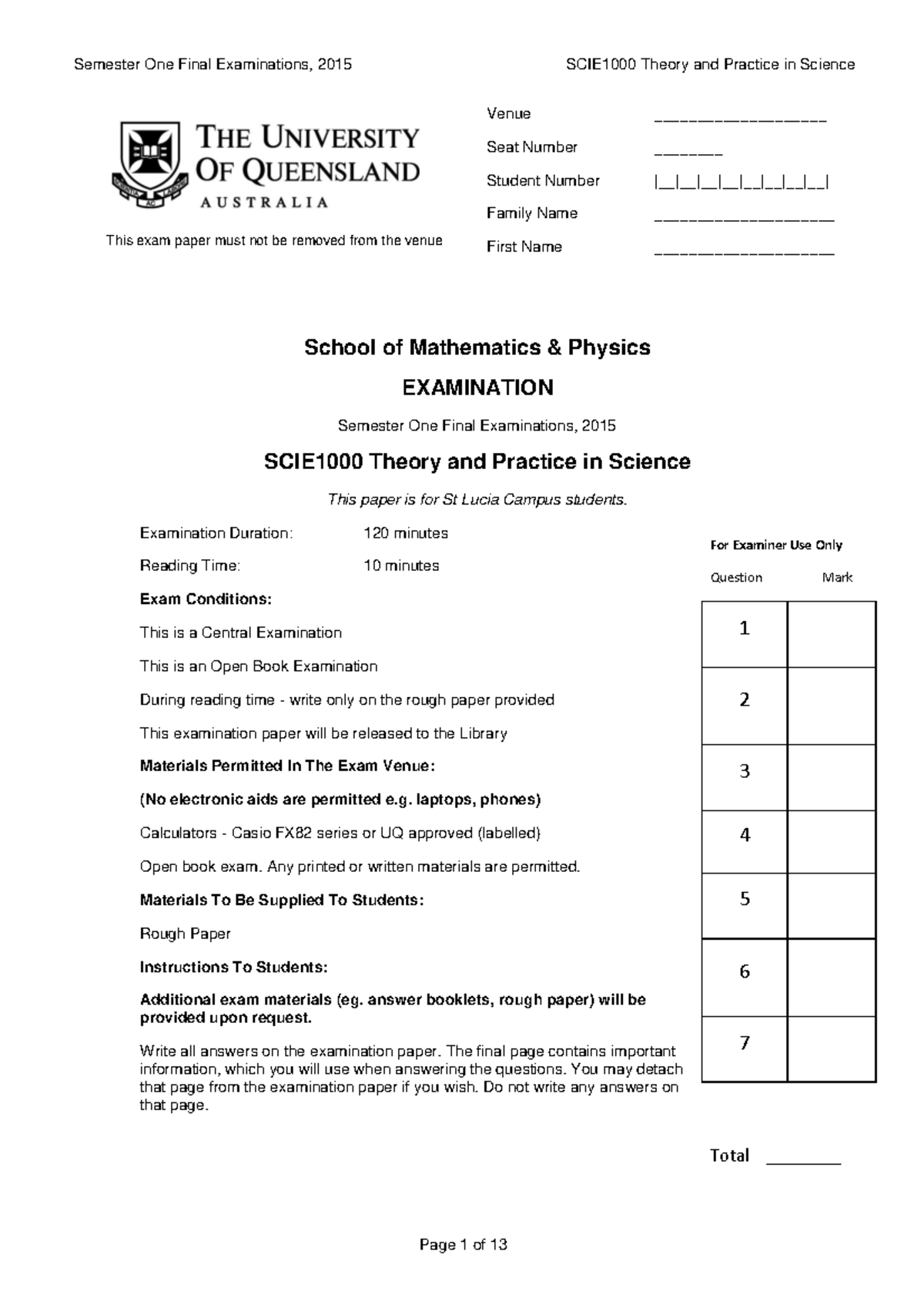 Sample/practice exam 10 February 2016, questions - Semester One Final ...