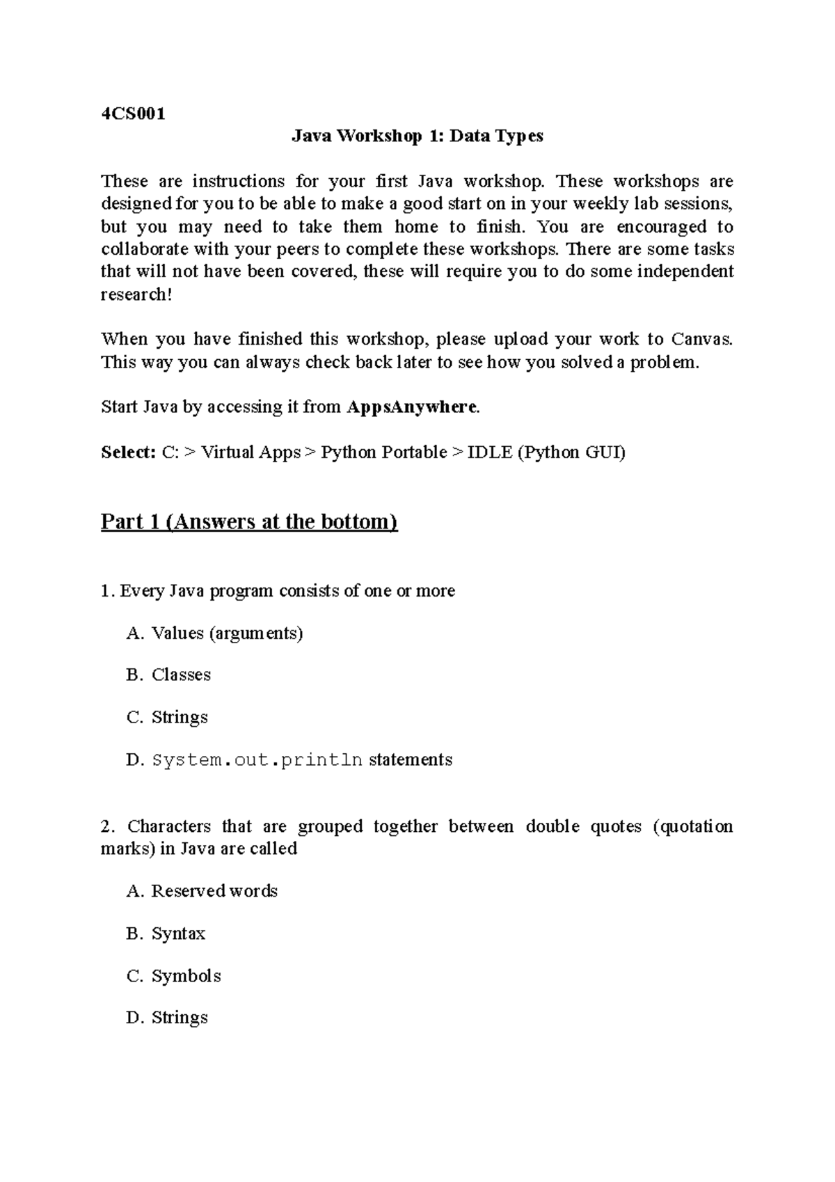 4CS001 Workshop 7 - COUNTS TO FINAL GRADE - 4CS Java Workshop 1: Data ...