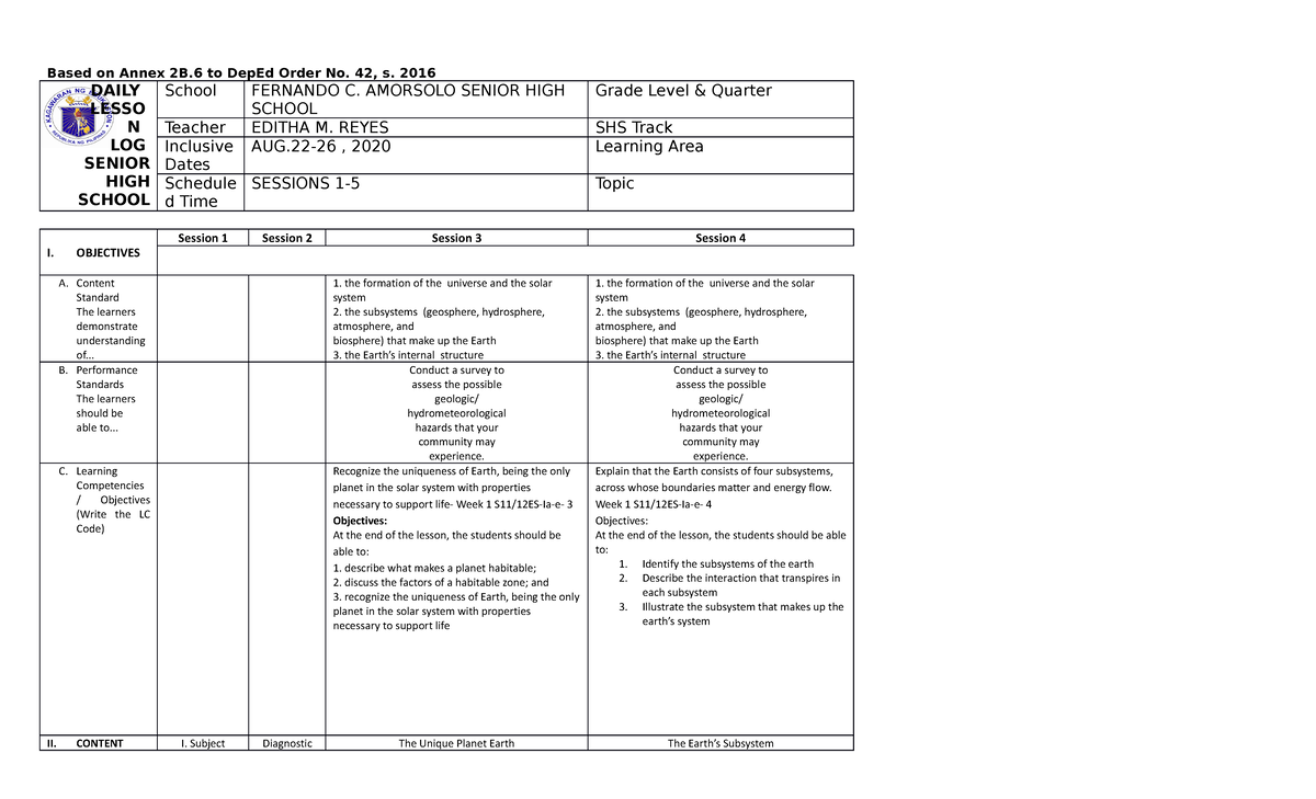 ELS- AUG. 22-26, 2022- Final COPY DLL - Based on Annex 2B to DepEd ...