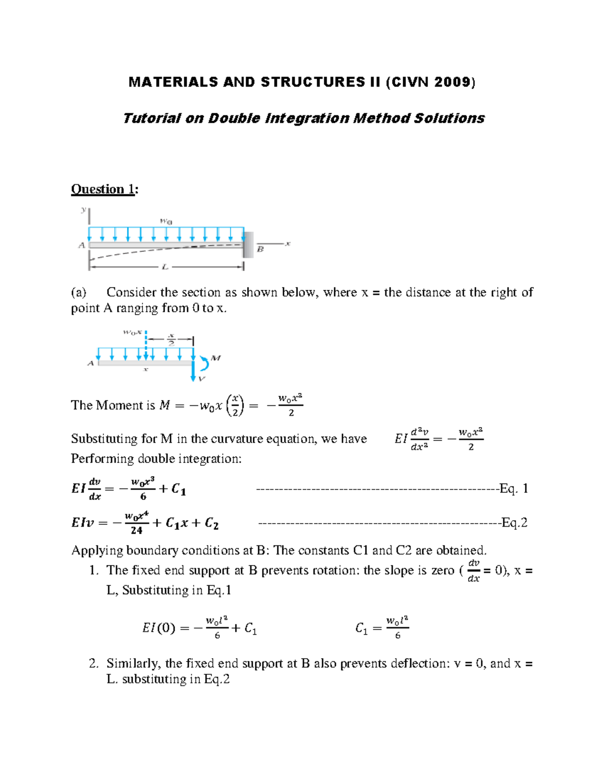 Tutorial I Double Integration Method Solutions 2020 - MATERIALS AND ...