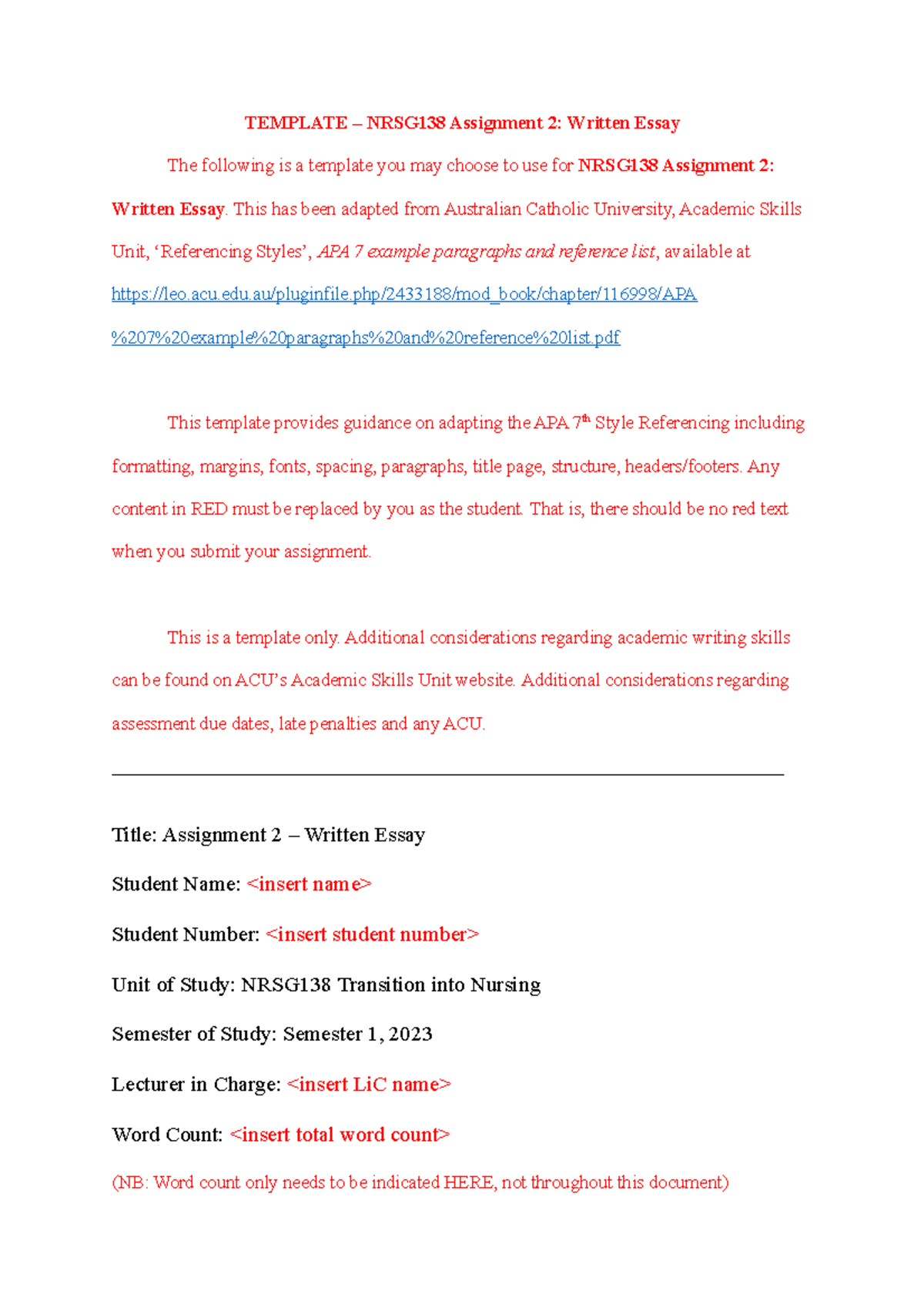 AT2 Template V2 SEAE TEMPLATE NRSG138 Assignment 2 Written Essay