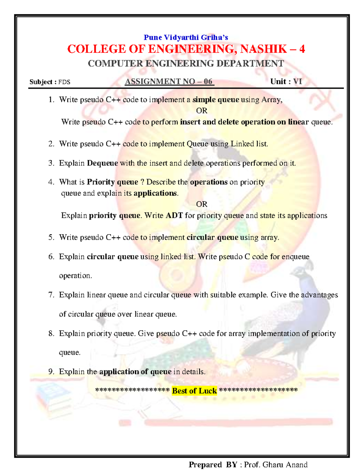 Fds-assignment-6 - Fds - Prepared BY : Prof. Gharu Anand Pune Vidyarthi ...