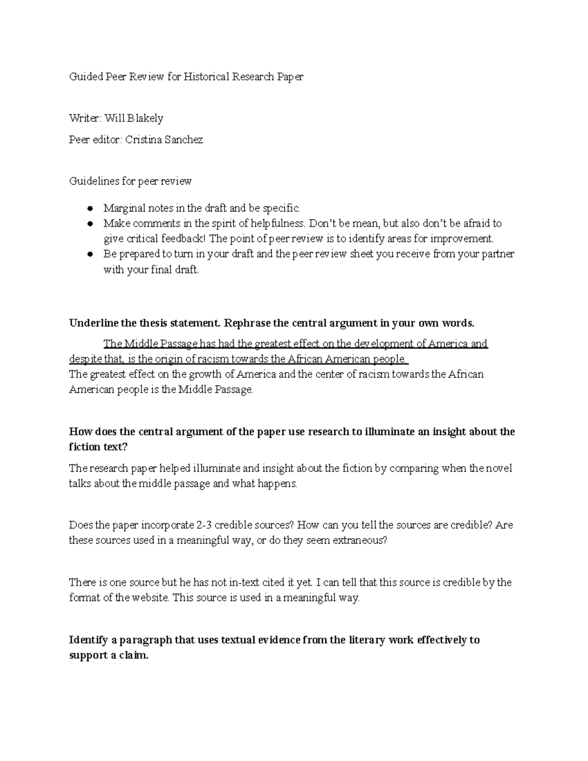 Peer Review for Will B - Guided Peer Review for Historical Research ...