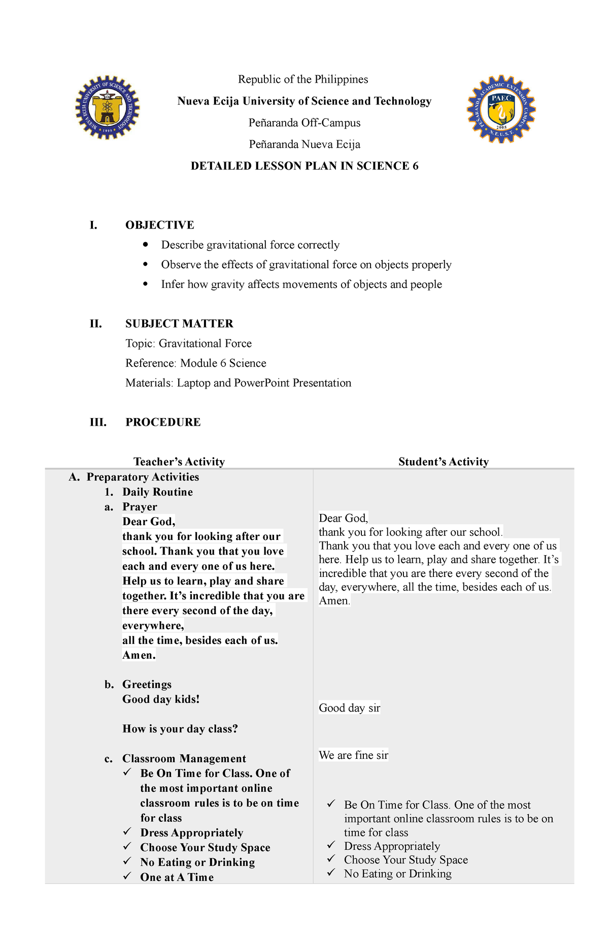 Detailed Lesson Plan ( Science 6) Gravitational Force - Republic of the ...