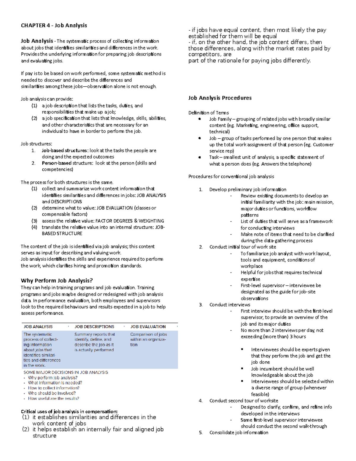 Compensation Notes - CHAPTER 4 - Job Analysis Job Analysis - The ...