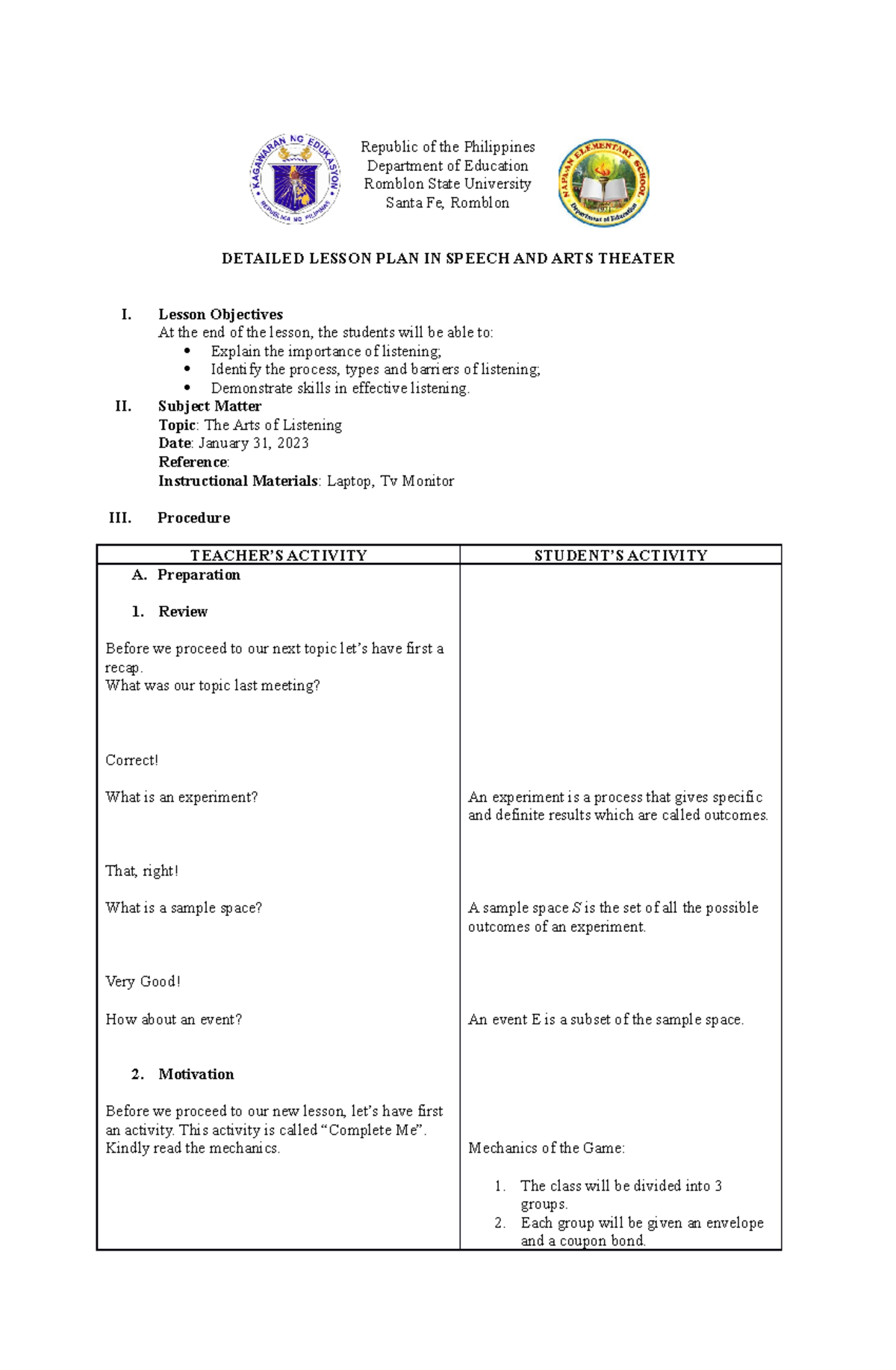 Probability-Lesson-Plan - Republic of the Philippines Department of ...