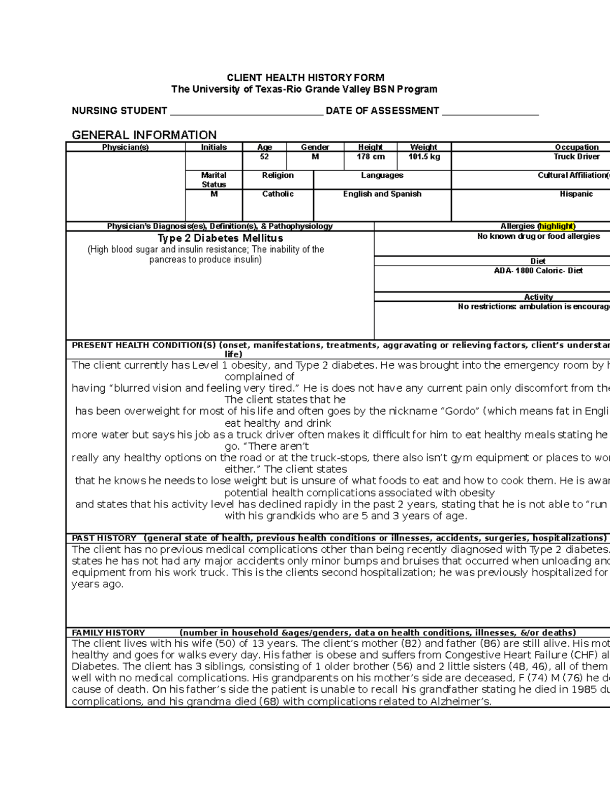 CW2Endocrine pt 1 Assignment CLIENT HEALTH HISTORY FORM The