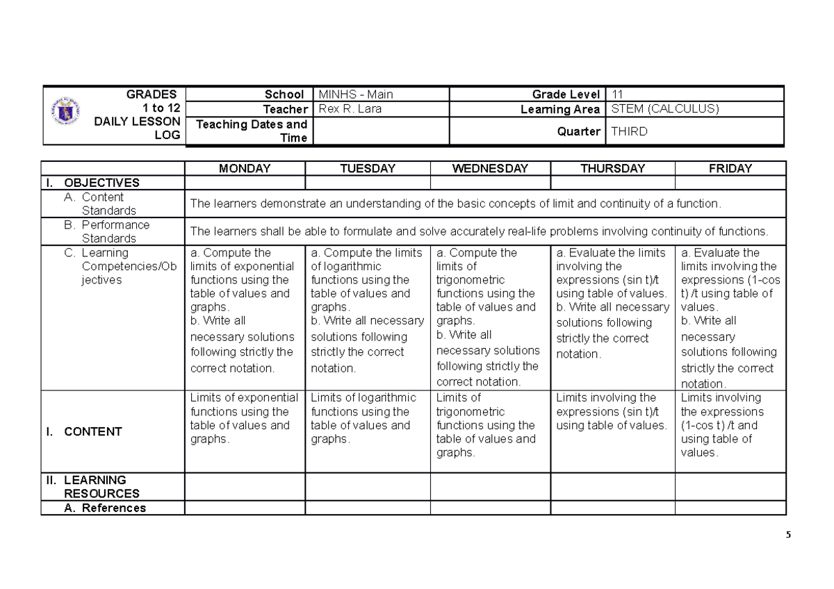 Calculus DLL WEEK 2 GRADES 1 to 12 DAILY LESSON LOG School MINHS