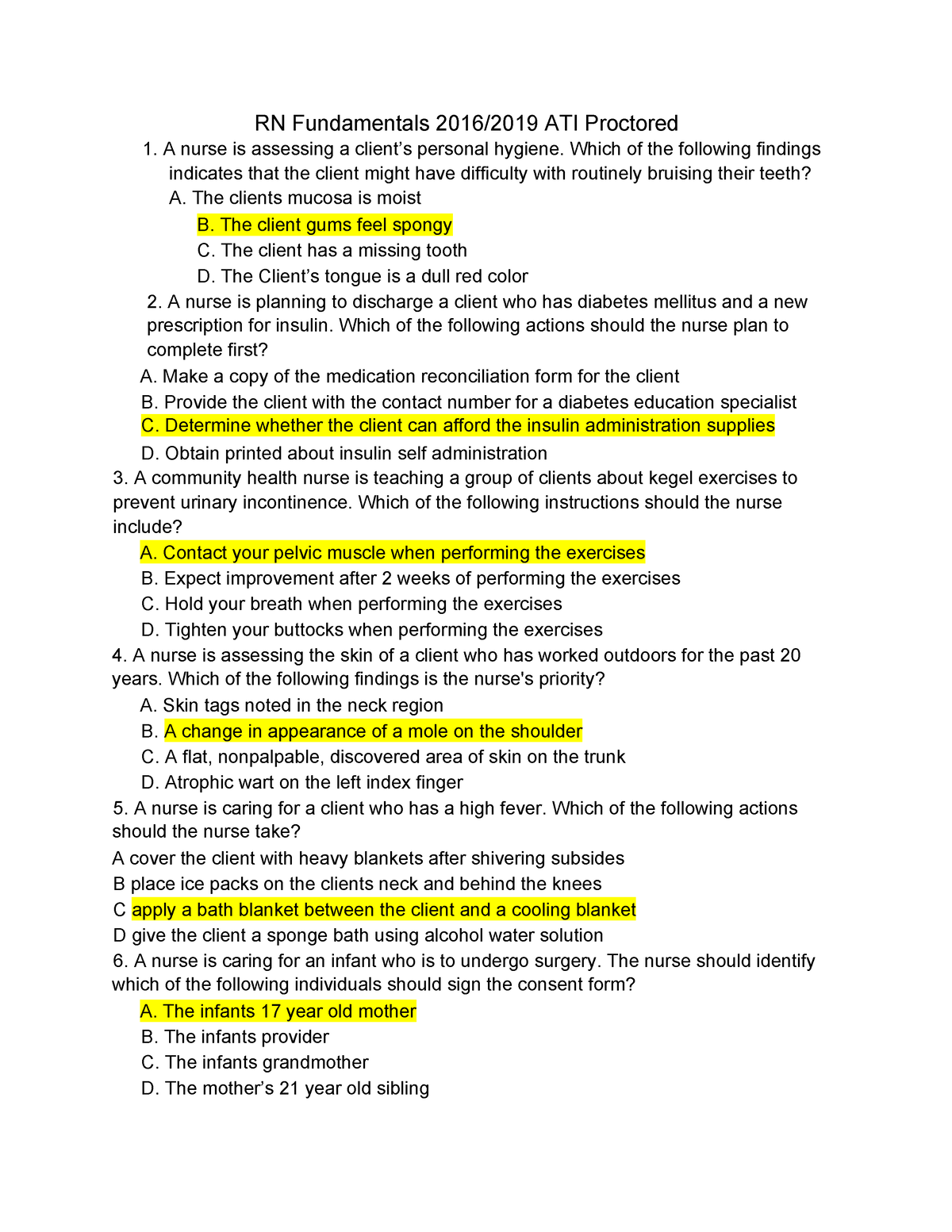 Copy of ATI 2019 Test Bank - RN Fundamentals 2016/2019 ATI Proctored A Sns-Brigh10