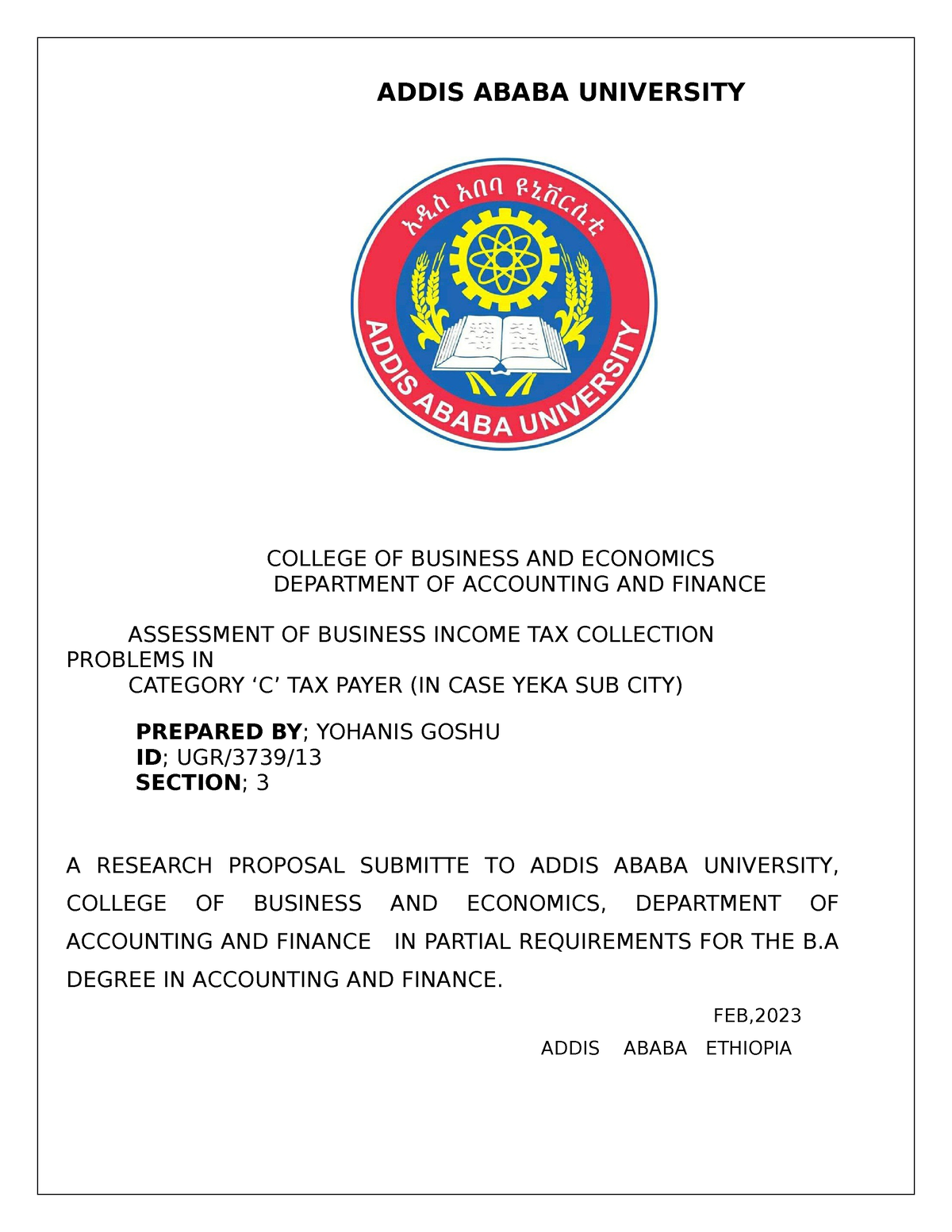 addis ababa university research proposal sample pdf 2020