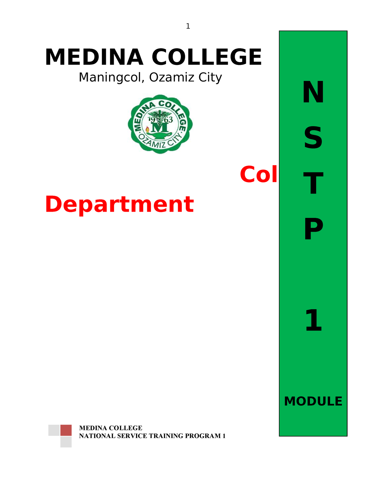 NSTP1 Module 1 - MEDINA COLLEGE Maningcol, Ozamiz City College ...