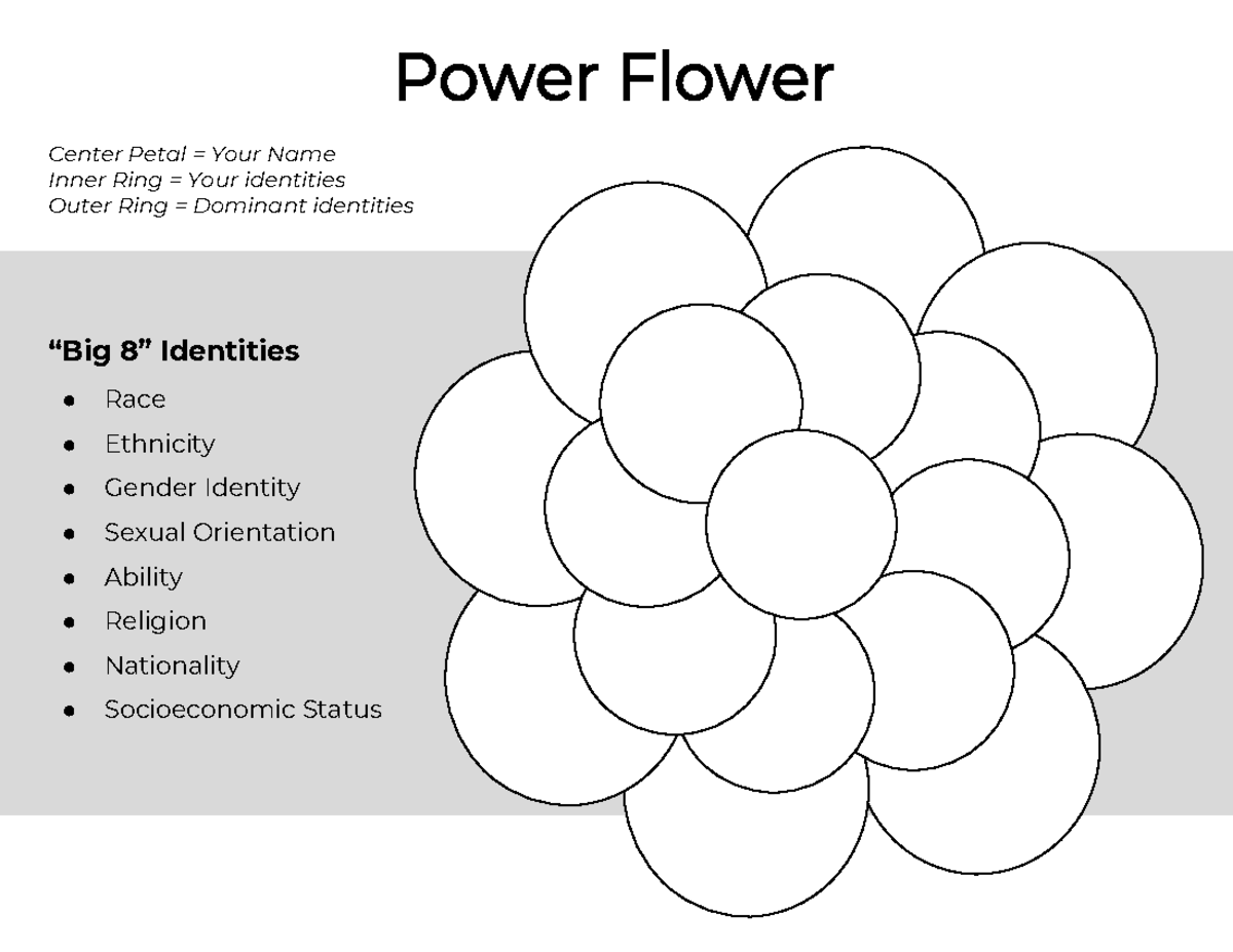Power Flower Template “Big 8” Identities Race Ethnicity Gender
