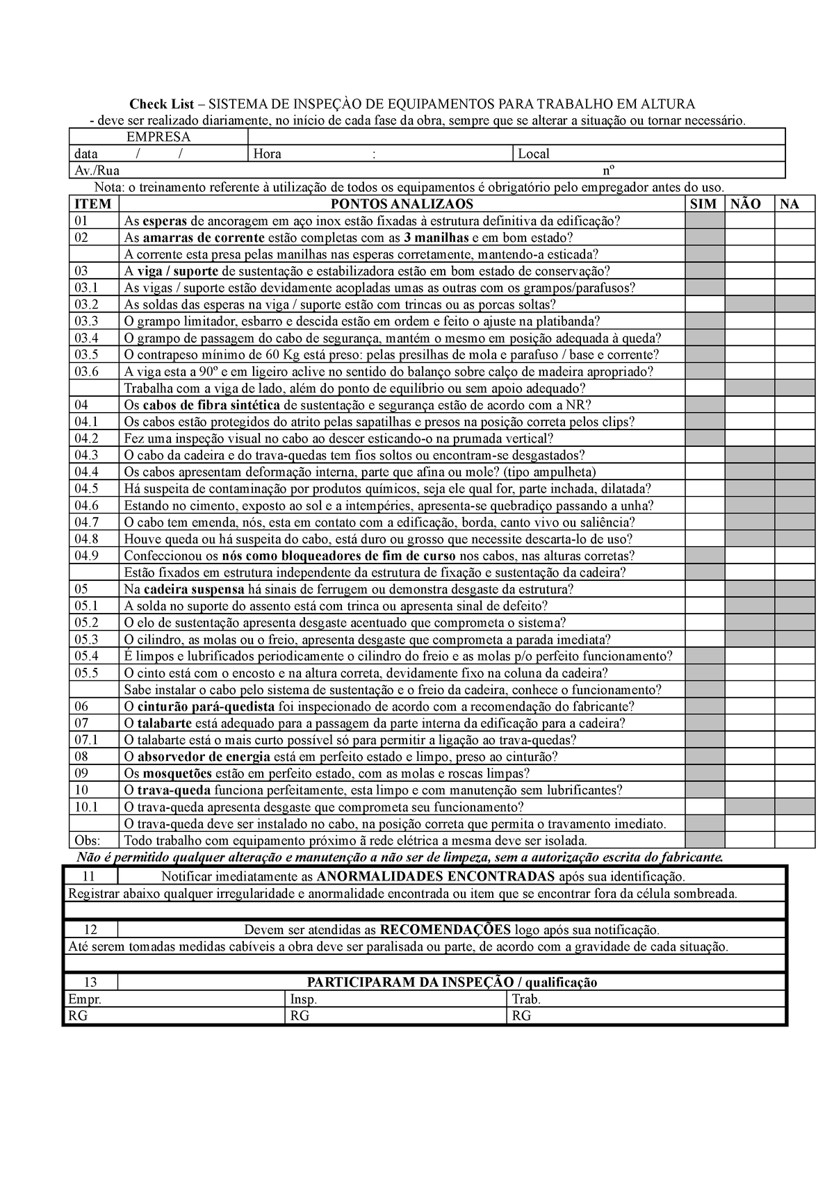 Check List Trabalhos Em Altura Check List Sistema De InspeÇÀo De Equipamentos Para Trabalho 0627