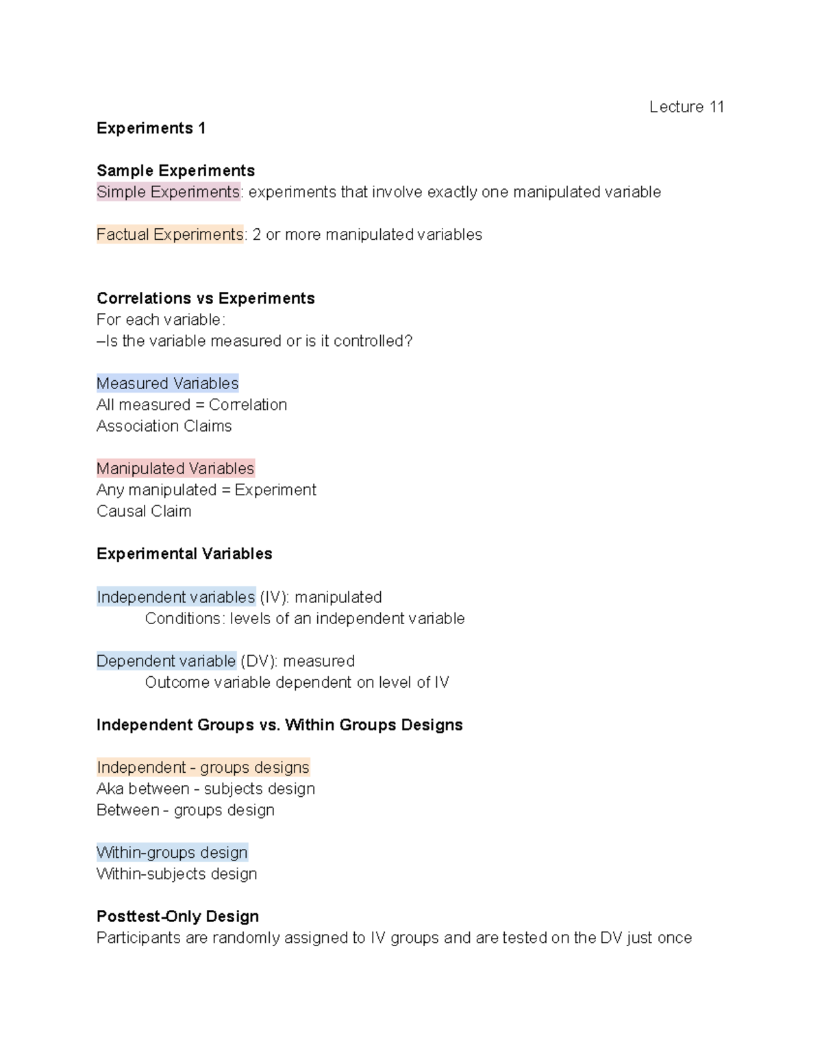 Psyc 3110 Lecture 11 - Google Docs - Lecture 11 Experiments 1 Sample ...