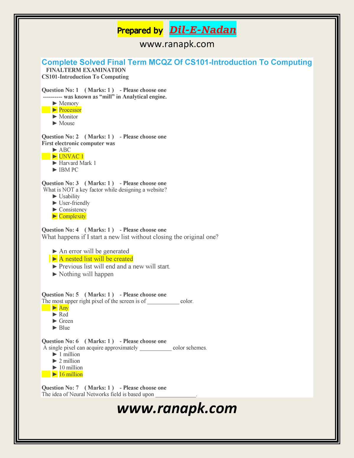 CS101 Final Term MCQs By Dill E Nadaan - Data Structures - Studocu