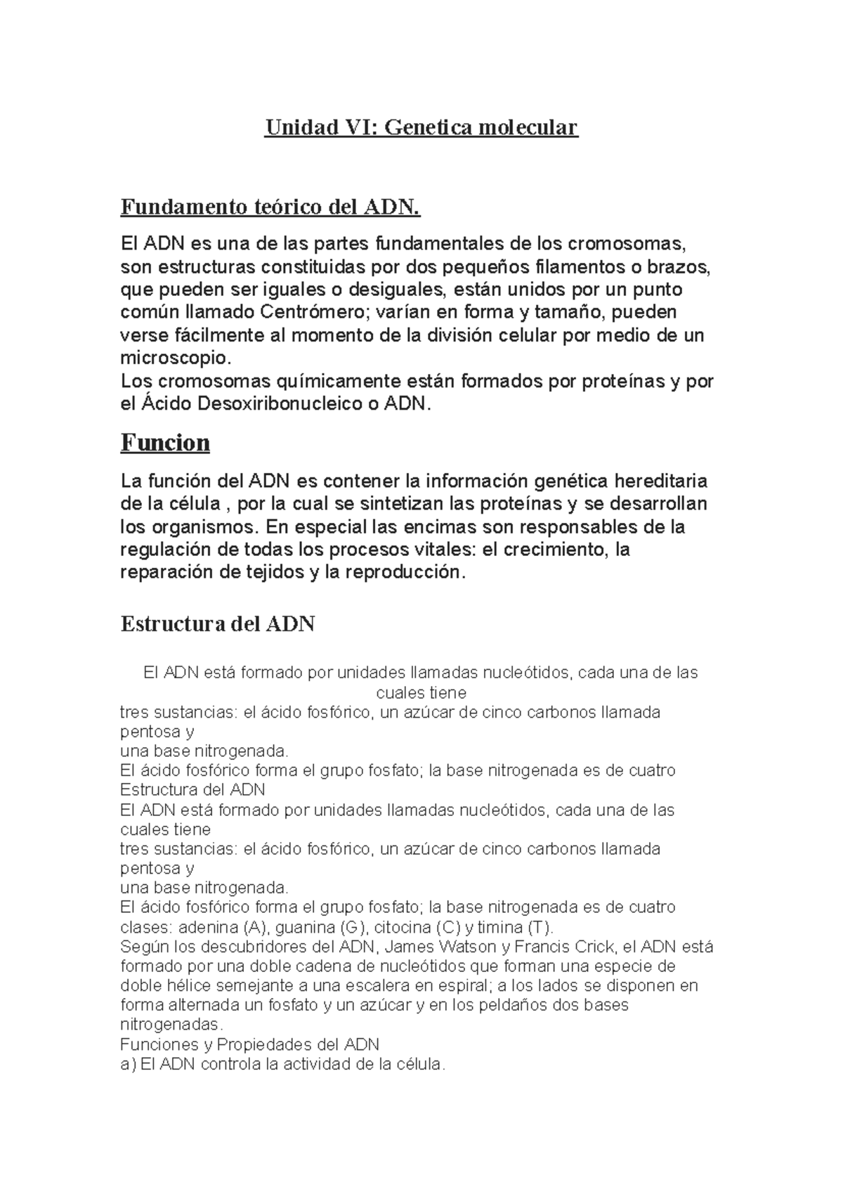 Unidad VI - ........ - Unidad VI: Genetica molecular Fundamento teórico ...