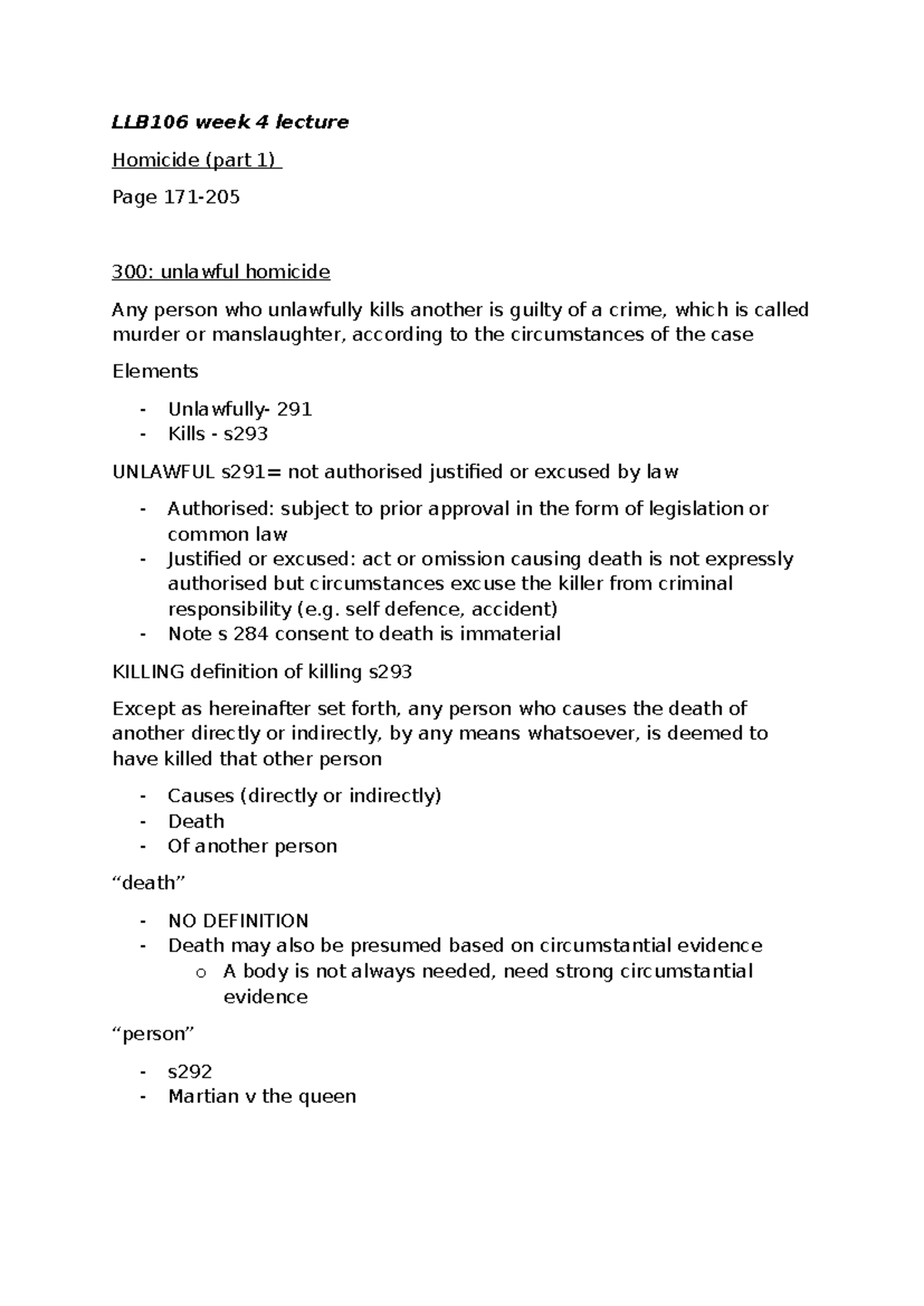 LLB106 week 4 lecture - LLB106 week 4 lecture Homicide (part 1) Page ...