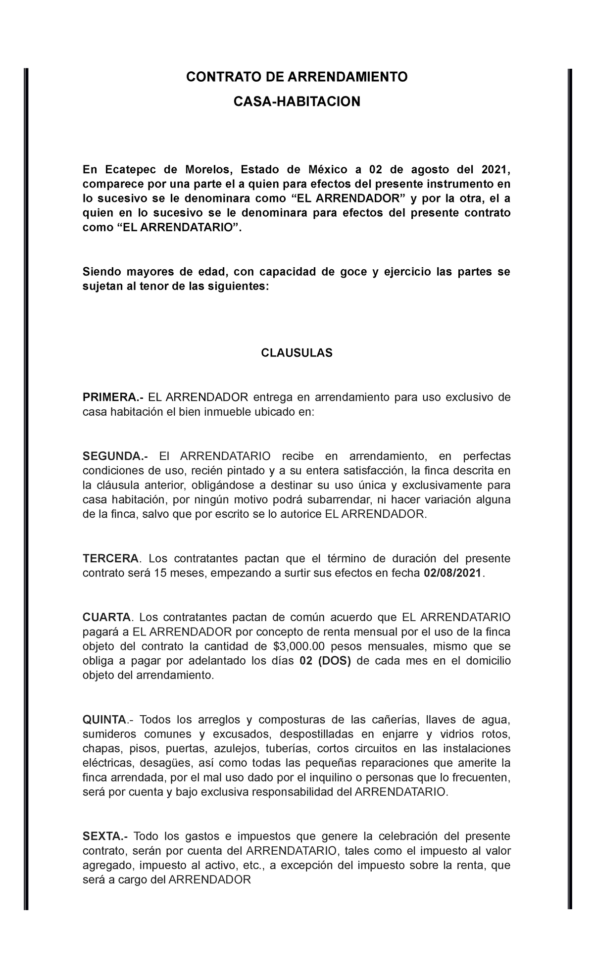 Contrato de Arrendamiento de casa habitación en mexico - CONTRATO DE  ARRENDAMIENTO CASA-HABITACION - Studocu