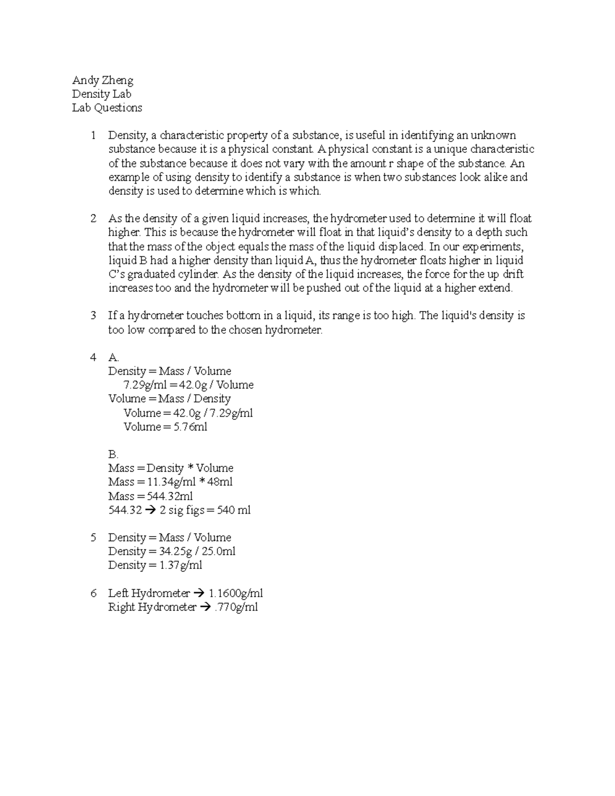 Density Lab Lab Questions Andy Zheng Density Lab Lab Questions 1