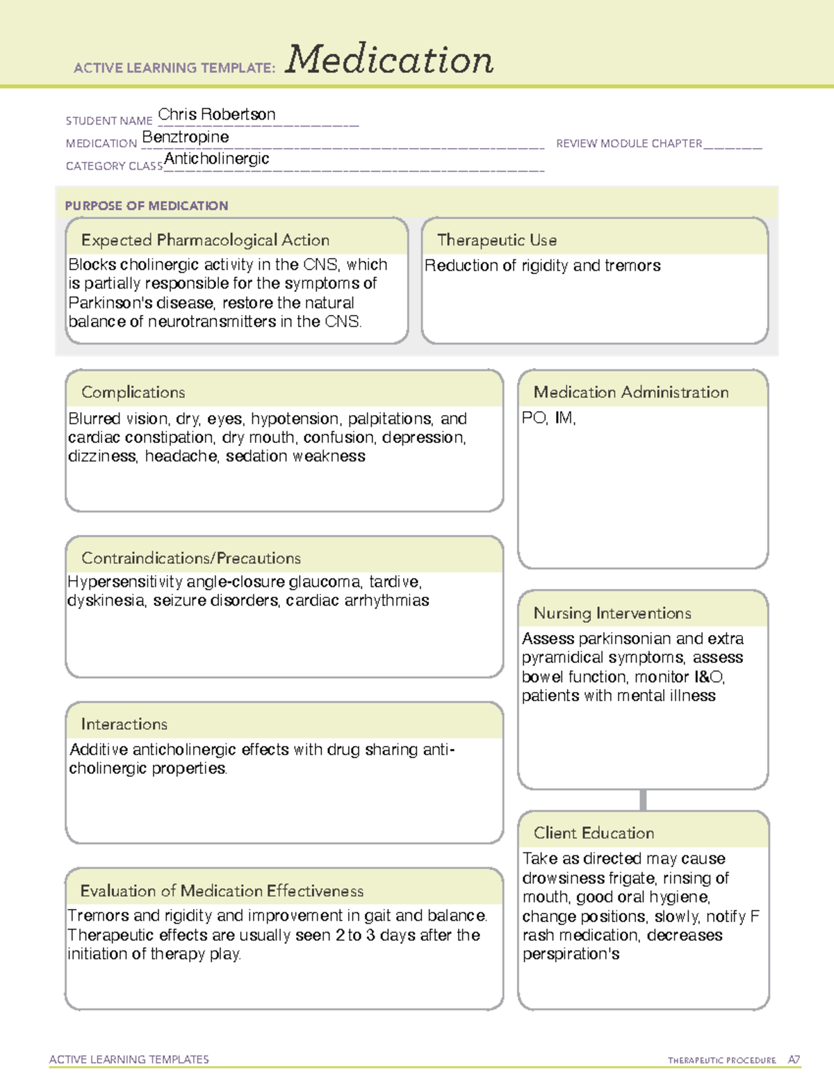 ATI Benztropine - ACTIVE LEARNING TEMPLATES TherapeuTic procedure A ...