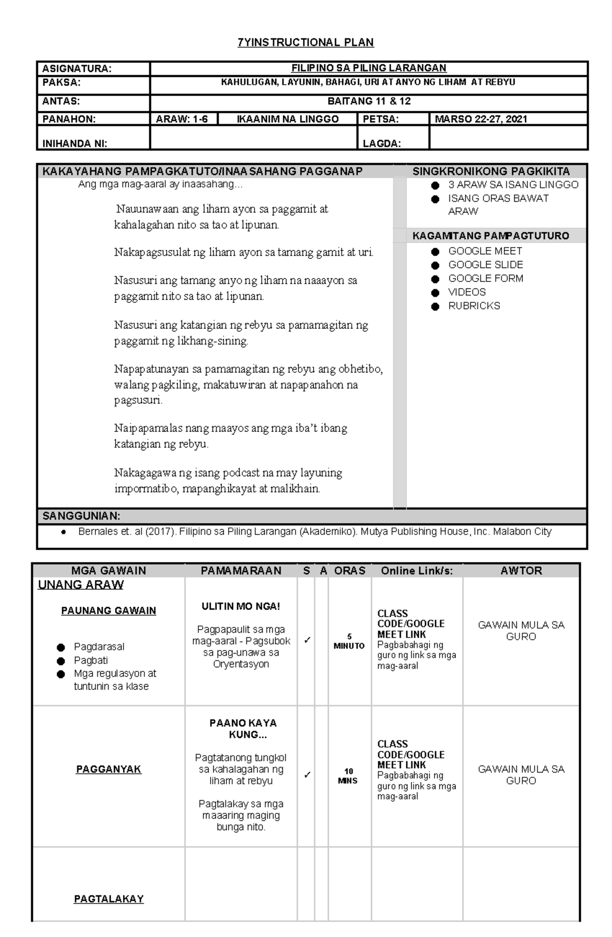 LP5- Liham AT Rebyu - Villegas - 7YINSTRUCTIONAL PLAN ASIGNATURA ...