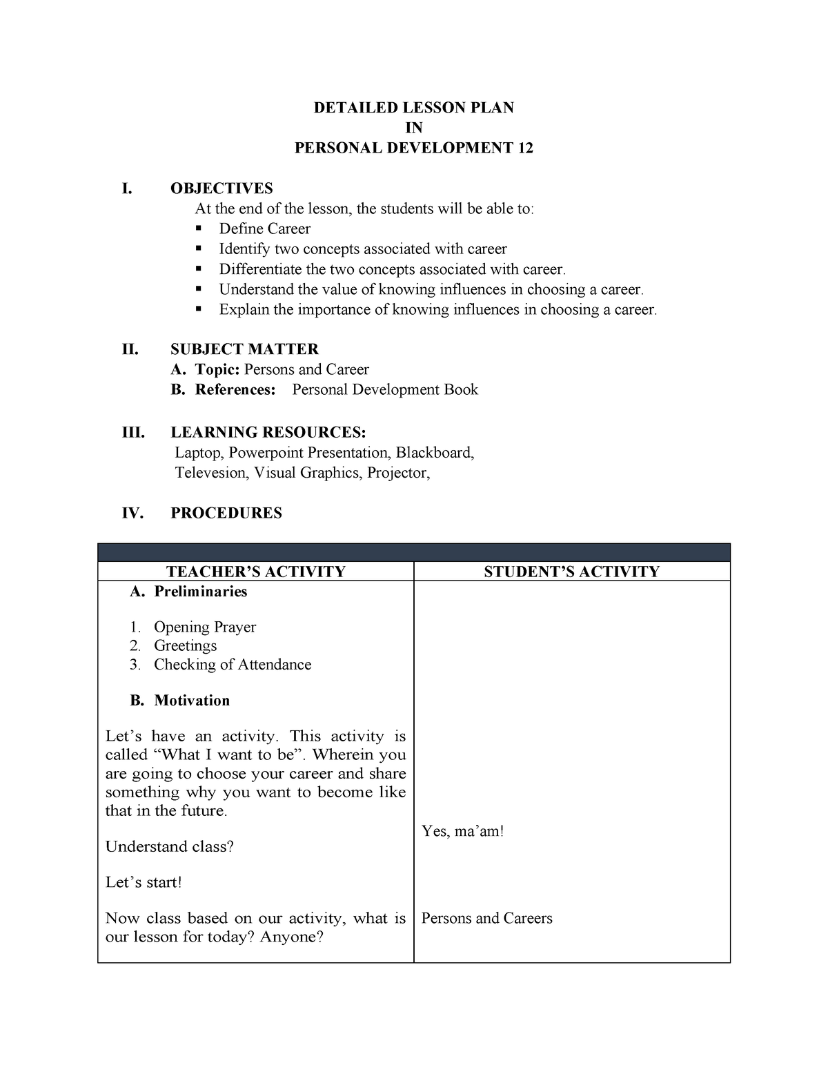 Persons and Careers - LESSON PLAN - DETAILED LESSON PLAN IN PERSONAL ...