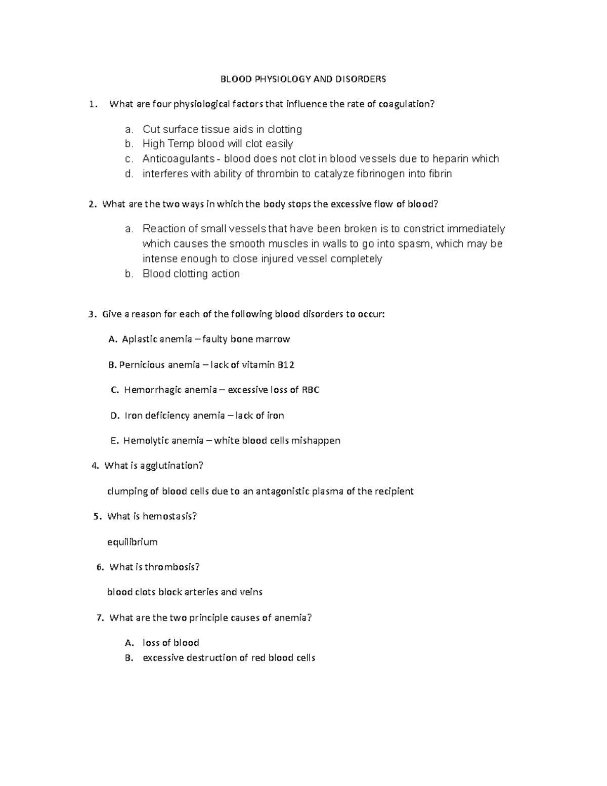 Blood physiology worksheet - BLOOD PHYSIOLOGY AND DISORDERS What are ...