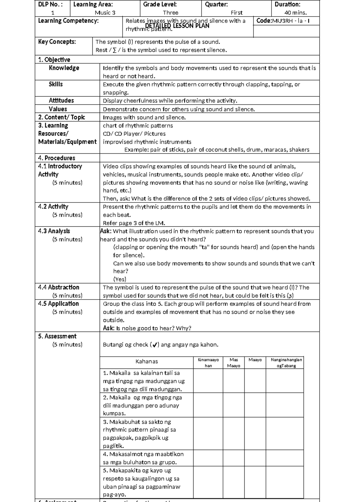 DLP Music September 5 7 - FOR DEMO TEACHING - DETAILED LESSON PLAN DLP ...