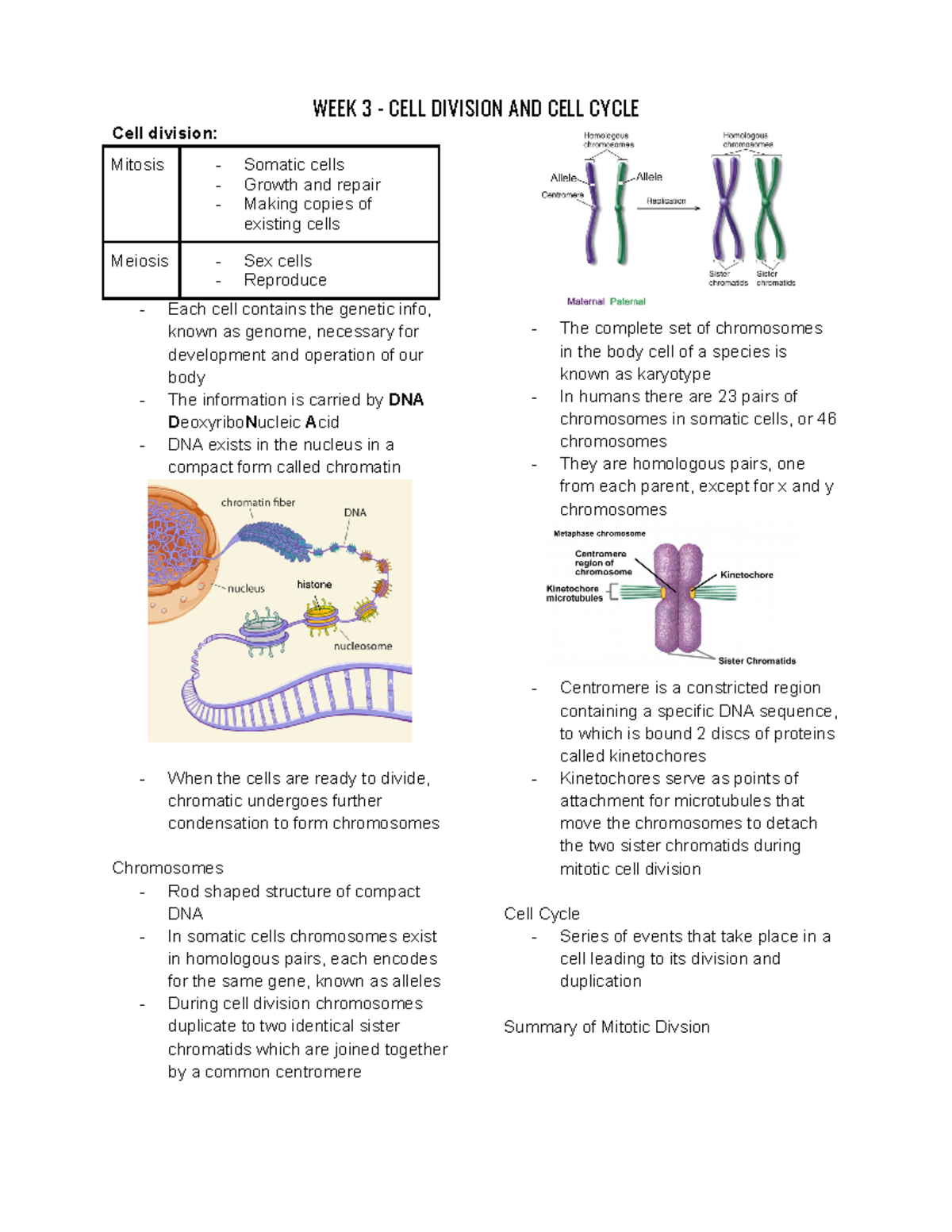 Week 3 - Cell Division and Cell Cycle - Cell division: Mitosis ...