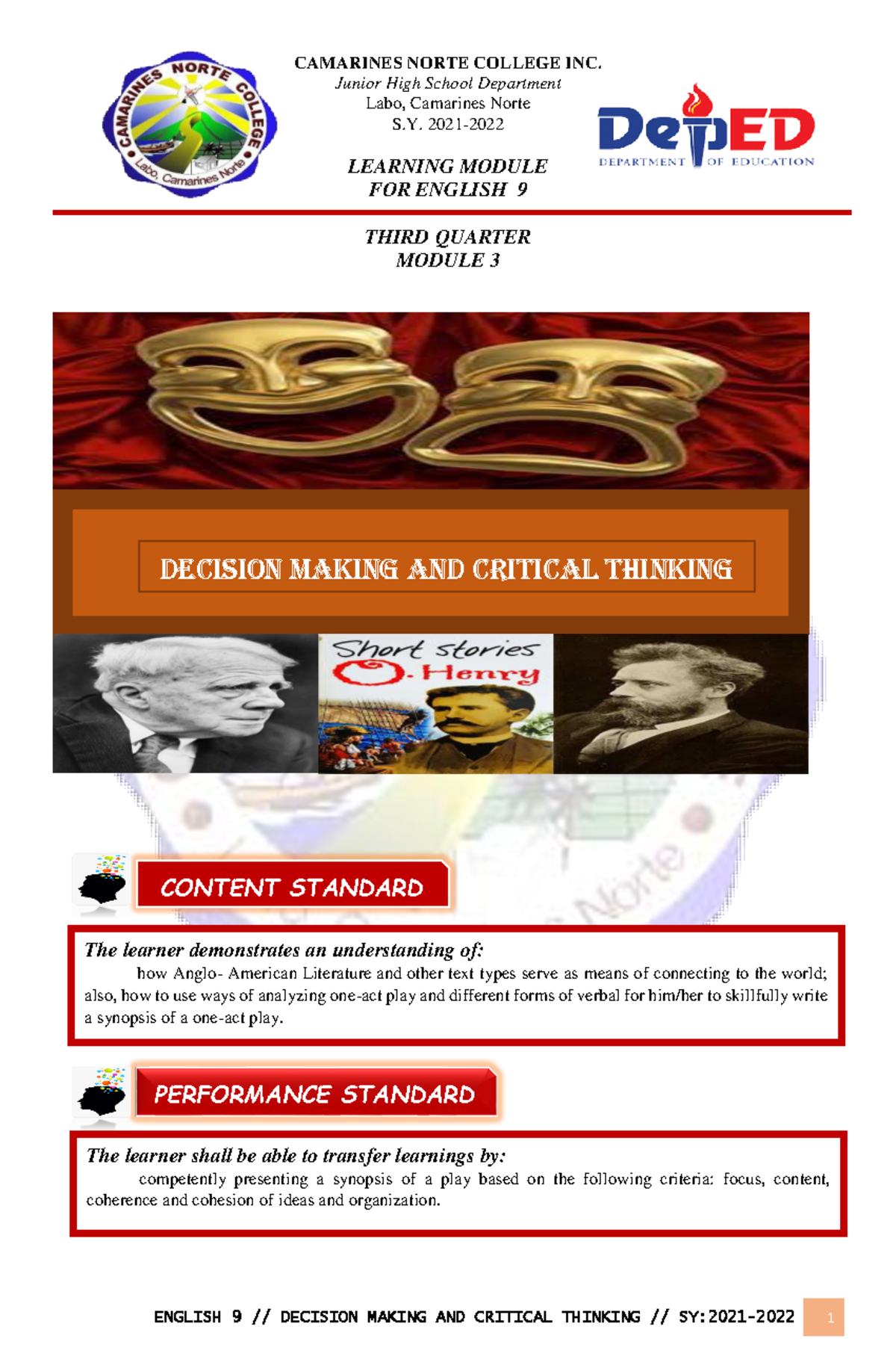 English+9+ Module+Q3+SY+2021-22 - CONTENT STANDARD PERFORMANCE STANDARD ...